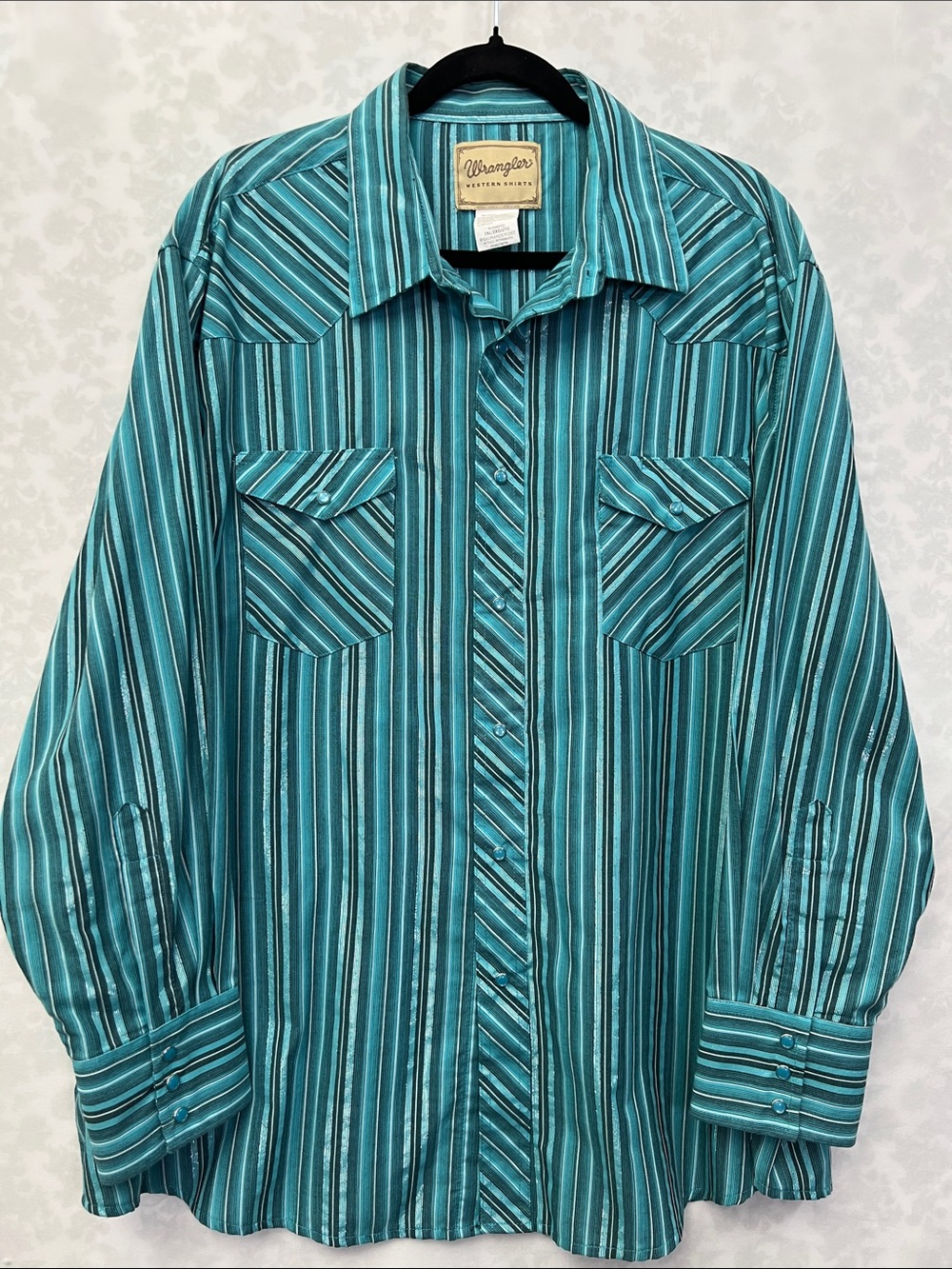 Wrangler Men's 2XL Big Striped Western Pearl Snap Shirt Teal Metallic